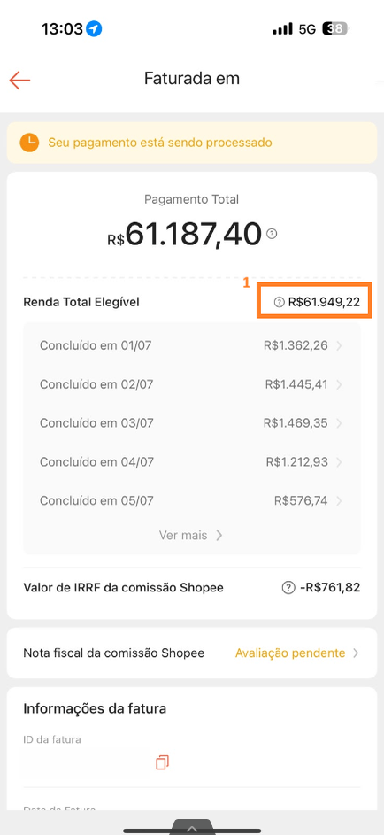 Tela da fatura da Shopee destacando o campo Renda Total Elegível e o ícone de informação